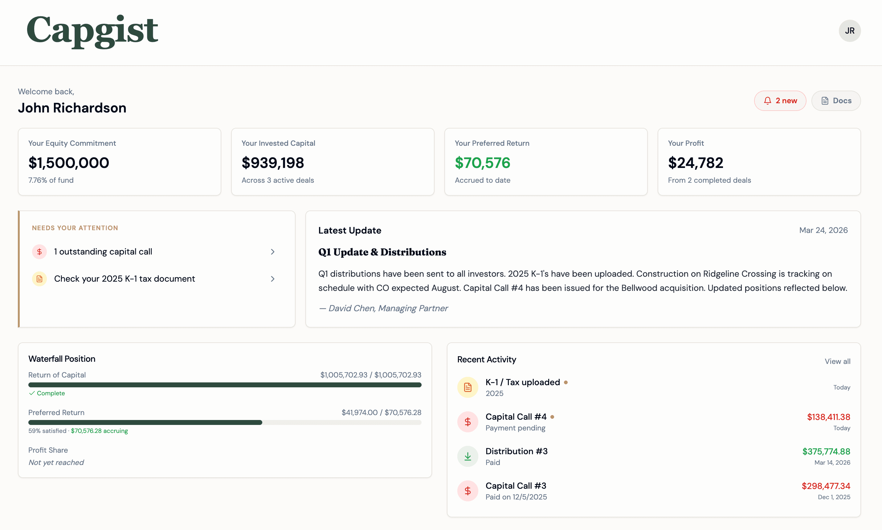 Capgist investor portal dashboard showing fund performance, capital account balances, and waterfall position