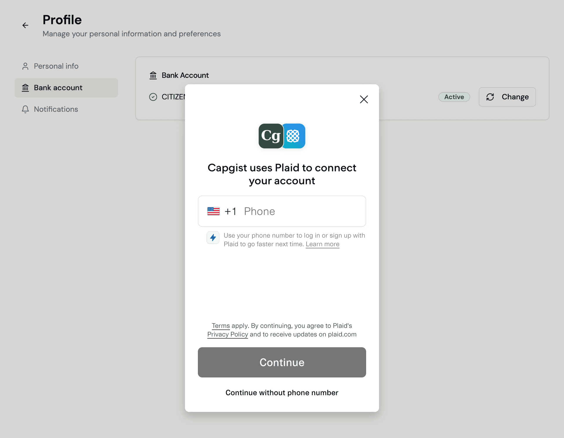 Bank account linking flow with Plaid integration for capital calls and distributions