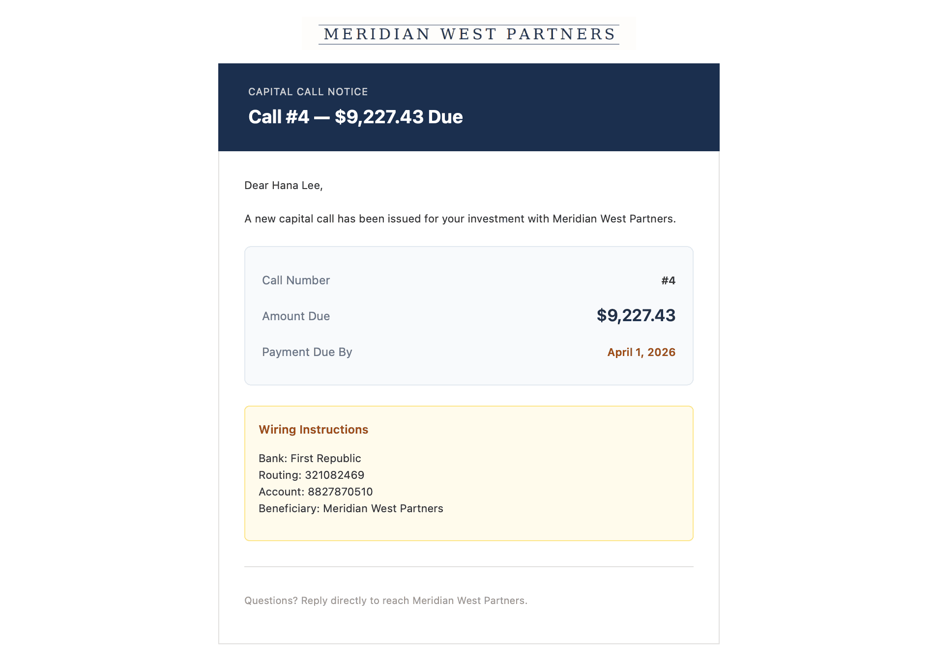 Branded capital call and distribution email notices sent automatically to investors